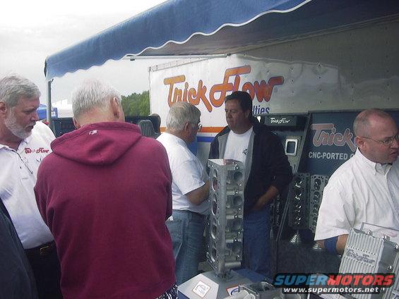 Engine block and cylinder heads on display with 'Trick Flow' branding