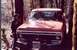 1976 Ford F-100 - A person stands by a red pickup truck in a wooded area. The license plate reads XTC 028.