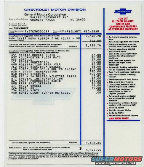 Window sticker for a 1973 Chevrolet Nova Custom 2 Door Coupe V8