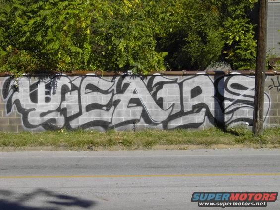 Graffiti art on a brick wall with trees behind it and a road in front
