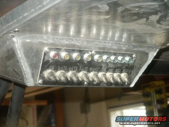 Custom switch panel with 10 toggle switches and 10 indicator lights labeled IGN, D-LTS, I-LTS, F-LTS, R-LTS, OBA, AMP, ACC1, ACC2