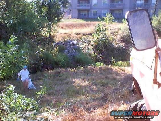 Side mirror and part of a truck cab in a grassy area with a person picking up trash