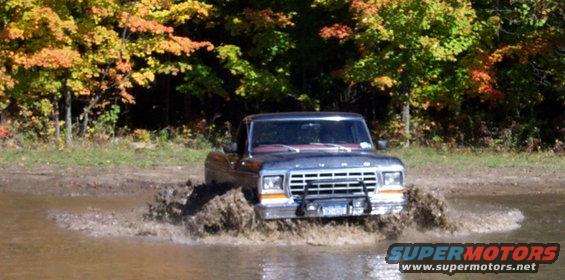 Ford F-Series truck driving through mud. Fall foliage in background