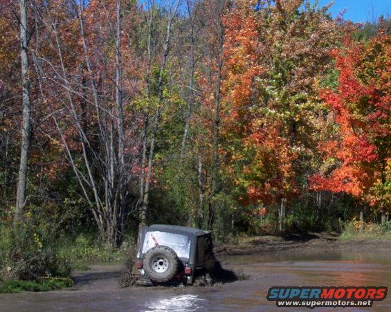 Jeep Wrangler stuck in mud with fall foliage