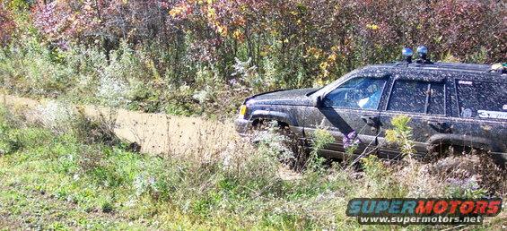Black Jeep Grand Cherokee stuck in mud on a trail, with trees and foliage in the background