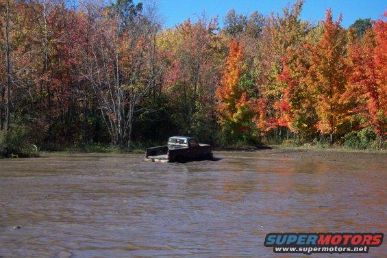 Dark pickup truck stuck in muddy water with autumn trees in the background