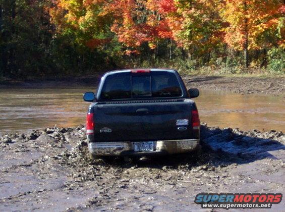 Dark-colored Ford F-150 stuck in mud with fall foliage in background