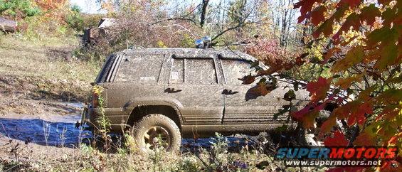 Mud-covered SUV side view in a muddy off-road environment