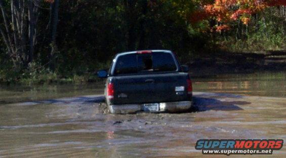 Dark pickup truck stuck in muddy water, rear view