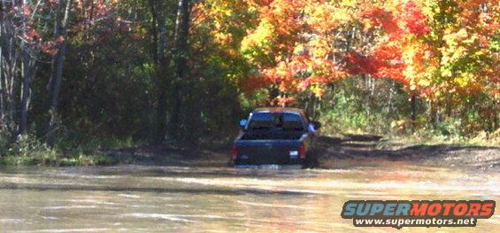 Dark pickup truck partially submerged in muddy water with fall foliage in background