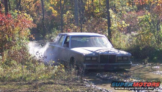 Silver sedan stuck in mud, front view