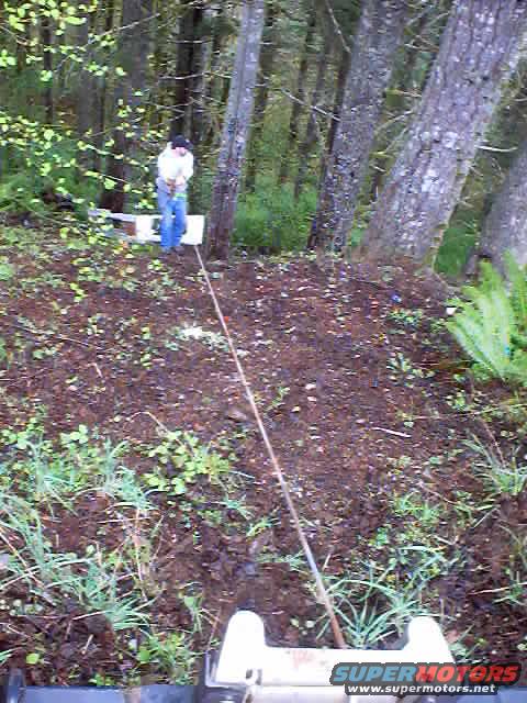 Using winch to lower Roger aprox. 60' down at least a 1:1 grade.