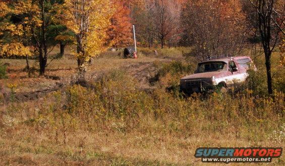 Old SUV parked in tall grass with fall foliage in the background