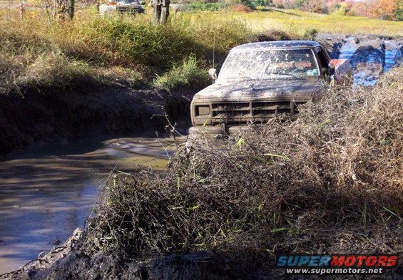 Muddy pickup truck stuck in a ditch with vegetation
