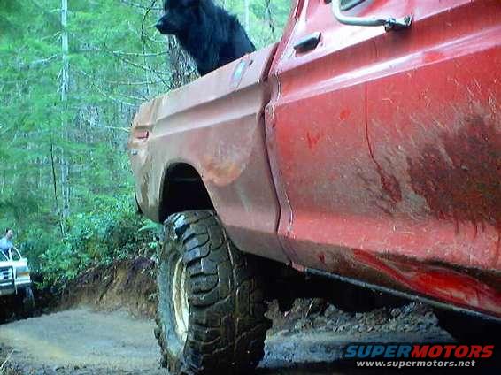 Muddy red pickup truck with large tires, dog in bed. Another white truck is visible ahead on a dirt road