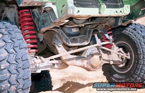 Undercarriage of a light green off-road vehicle with red coil springs and large tires