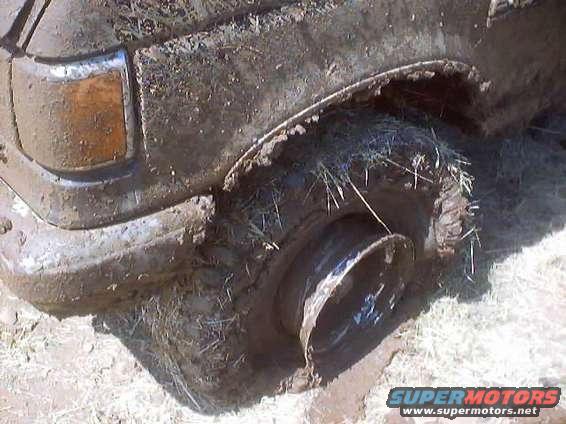 Muddy truck wheel stuck deep in the dirt
