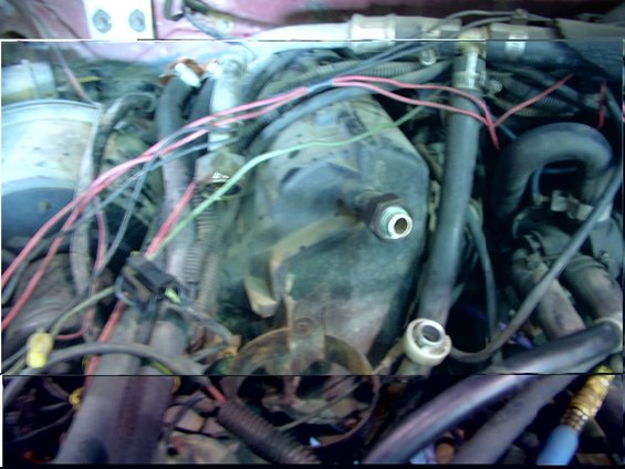 Engine compartment with many wires and hoses, some red and green