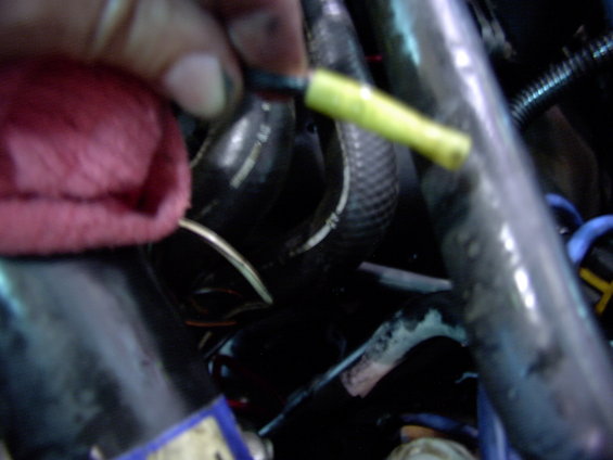 Hand holding yellow-capped wire connector near black hoses and metal pipes in engine bay