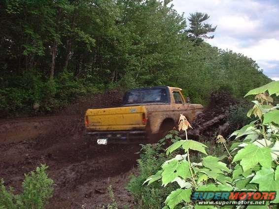 Yellow pickup truck stuck in mud on a dirt track, trees and foliage surround it