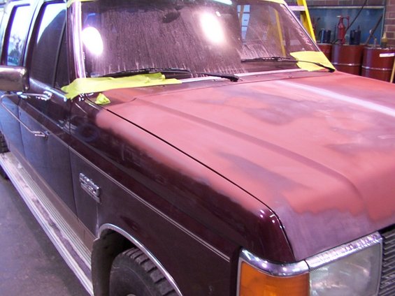 1988 Ford C-350 (Centurion Conversions) hood prepped for paint. Maroon SUV