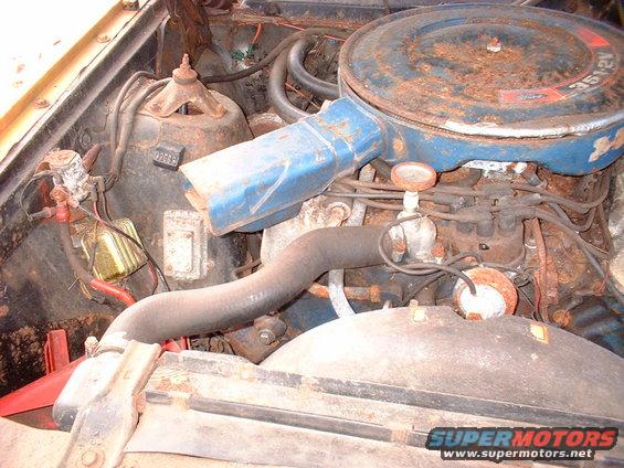 Engine bay with a blue air cleaner housing labeled 351 2V, showing rust and wear