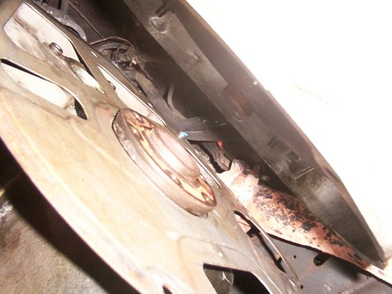 Flywheel and transmission bell housing, close-up view