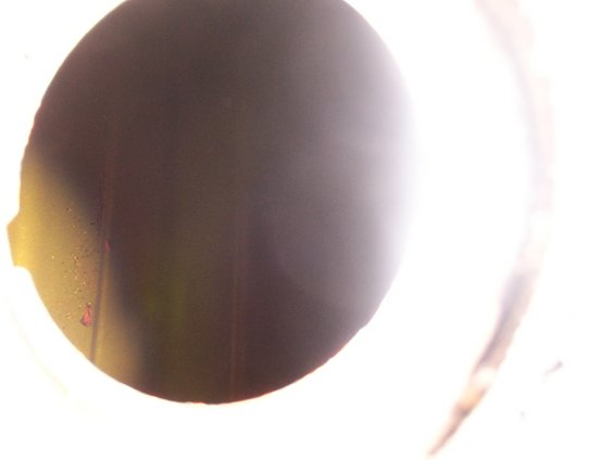 Dark circular object with reddish debris, possibly a fuel filter or cap