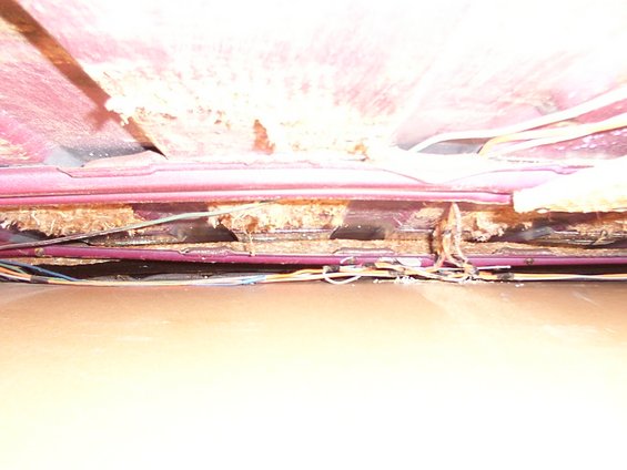 Damaged maroon headliner with exposed wood substrate and wiring, showing water damage