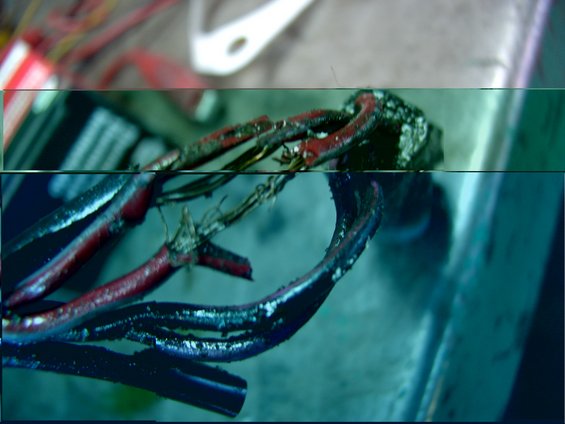 Close-up of frayed and burnt red and black electrical wires with exposed copper strands