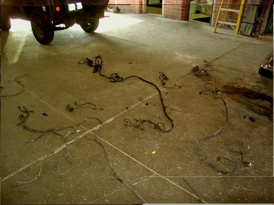 Wiring harnesses spread across a concrete floor, with the rear of a dark-colored vehicle visible in the upper left
