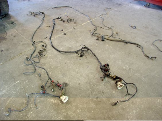 Engine wiring harness laid out on concrete floor