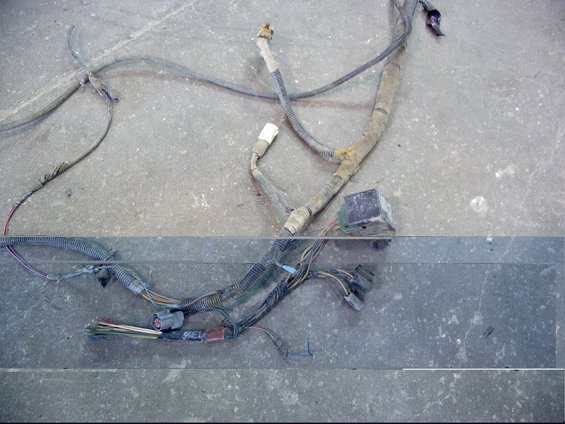 Vehicle wiring harness laid out on a concrete floor. Shows various connectors and bundles of wires