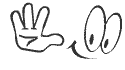 Cartoon drawing of a hand with four fingers and a smiley face with cartoon eyes