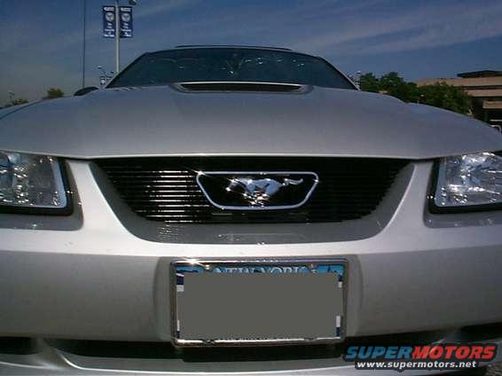 Silver Ford Mustang grille with horse emblem, front view