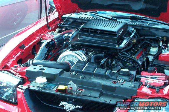 Red 2006 Ford Mustang engine bay with a large black air intake scoop on top of the engine