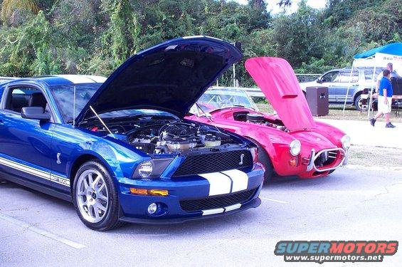 Blue 2006 Ford Mustang GT500 and red classic car with hoods open