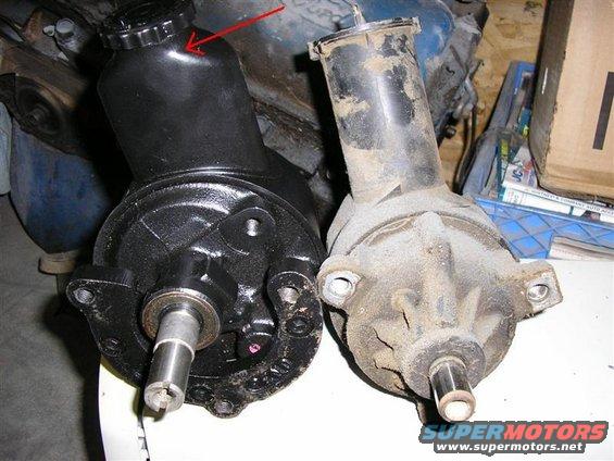 Two power steering pumps, one black and one dirty, are shown side-by-side
