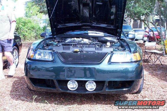 Front view of a dark green Ford Mustang with the hood open, showing the engine. Two round fog lights are mounted in the lower bumper