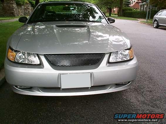 2000 Ford Mustang front end with custom grille and hood scoop