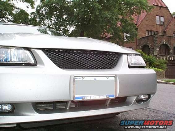 Silver car front end with custom grille and license plate. House in background
