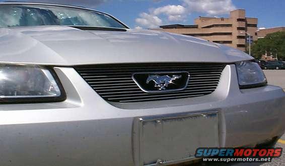 Silver Ford Mustang grille with horizontal bars and a running horse emblem. Headlights visible