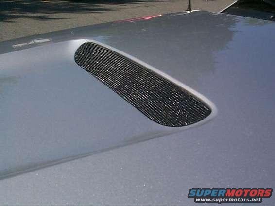 Silver car hood with a black mesh scoop insert. 2000 Ford Mustang