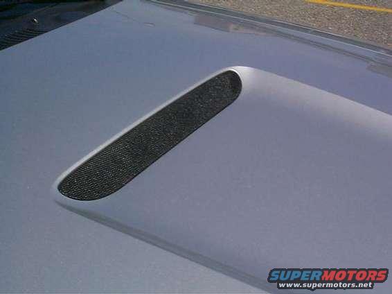 Close-up of a car hood with a scoop and mesh insert. Supermotors.net logo visible