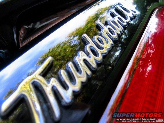 Close-up of a chrome 'Thunderbird' emblem on a black car, with a red taillight visible on the right