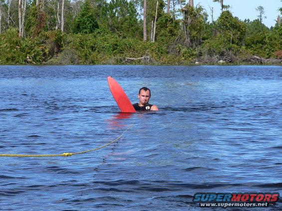 Man in water with red waterski, yellow tow rope, trees in background
