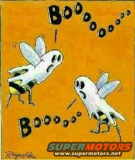 Cartoon bees in ghost costumes saying "Boo!"