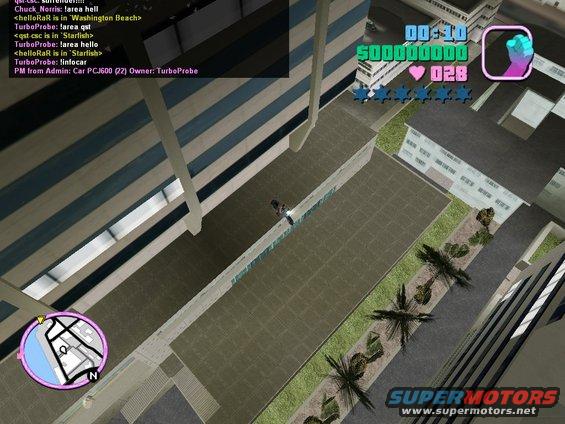 Video game scene with a dark car on a rooftop walkway, buildings, and palm trees