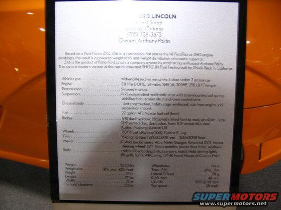 Document detailing a custom car based on a Ford Focus ZX3, with V6 Ford Taurus SHO engine, built by Chuck Beck