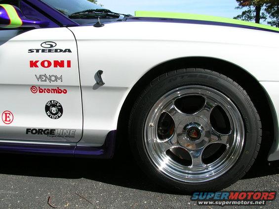 White Ford Mustang side view with racing decals like Steeda, Koni, Venom, Brembo, and Forgeline wheels
